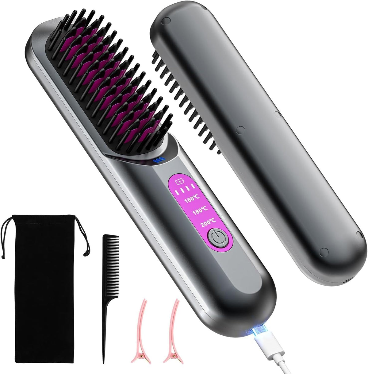 Cordless Ionic Ceramic Hair Straightener Brush for Thick & Curly Hair