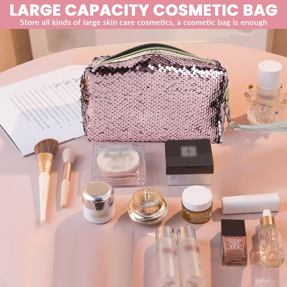 Travel Cosmetic Bag Sequin Makeup Pouch Waterproof Pink