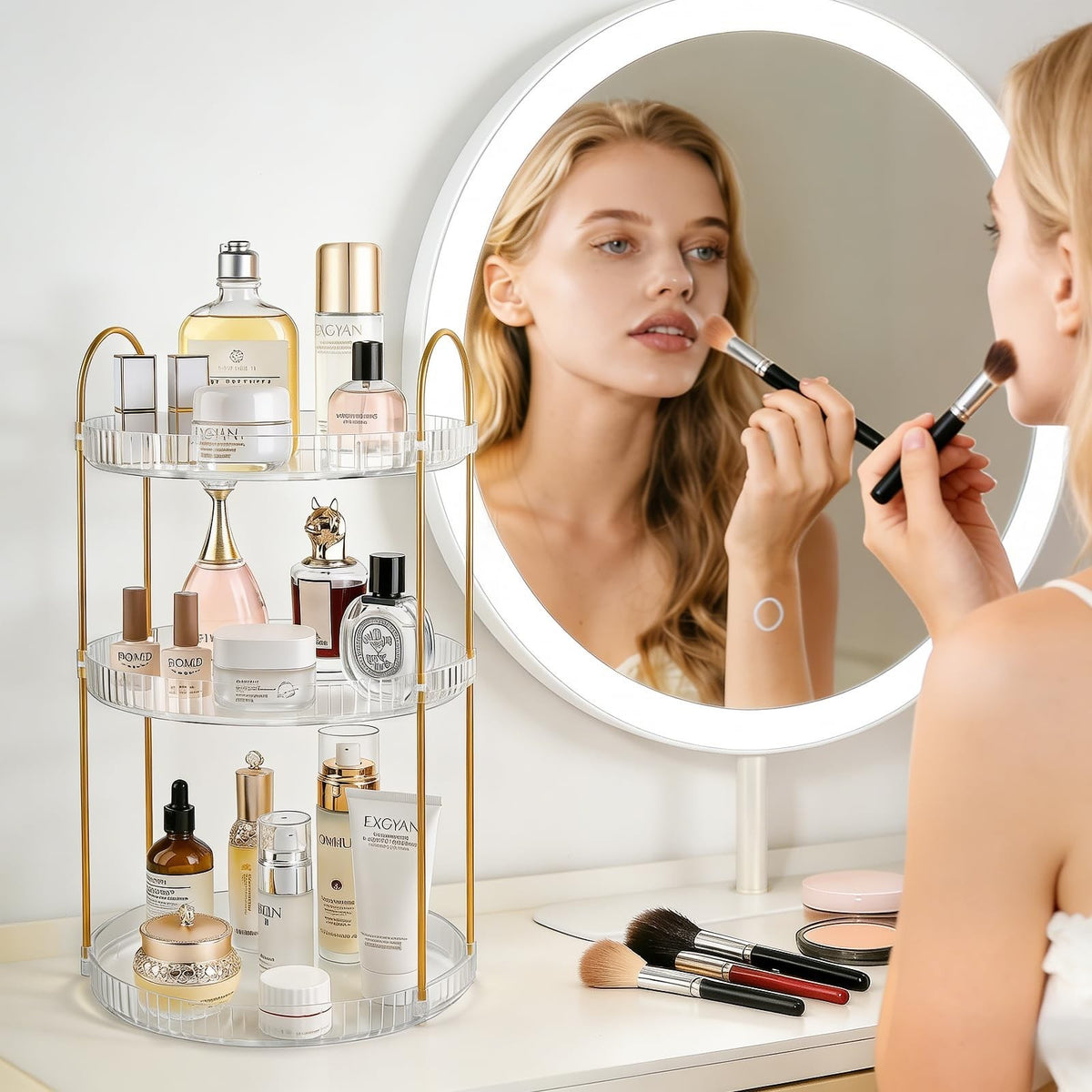 Large Capacity 360° Rotating Makeup Organizer with 2 Tiers and Clear Acrylic Finish
