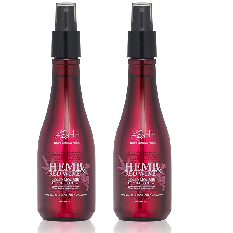 Agadir Hemp & Red Wine Liquid Mousse - Hair Volumizer & Heat Protectant - 8 Fl oz, Pack of 2