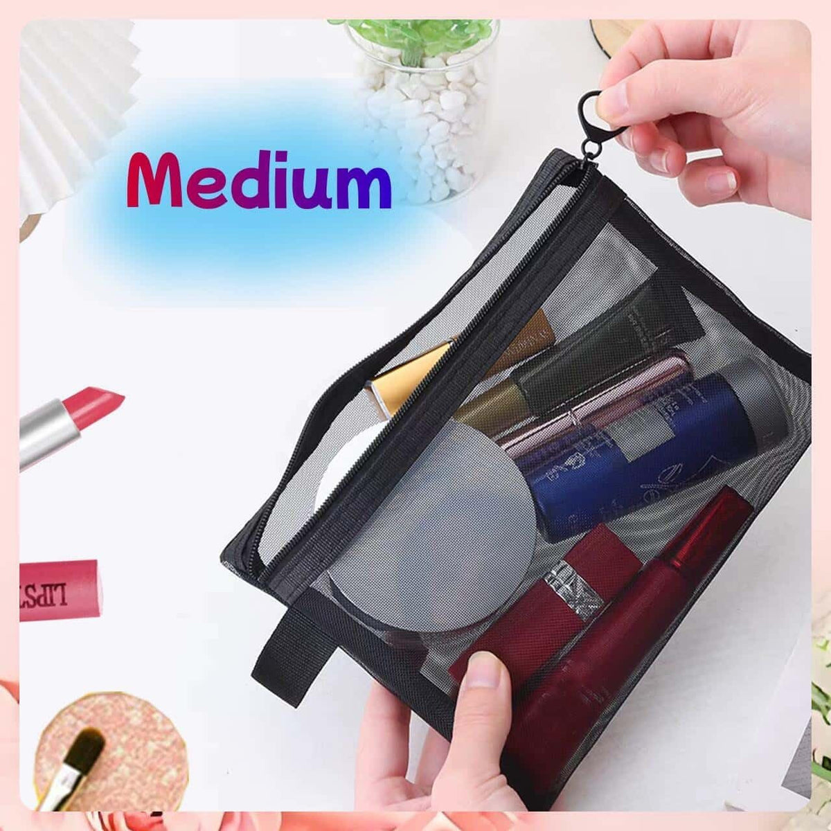 Small Mesh Zipper Pouch Bags Set - Travel Organizer, Cosmetic Storage