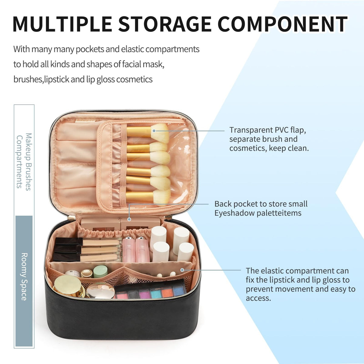 Large Capacity Travel Makeup Bag with Brush Compartment - Waterproof Vegan Leather, Black