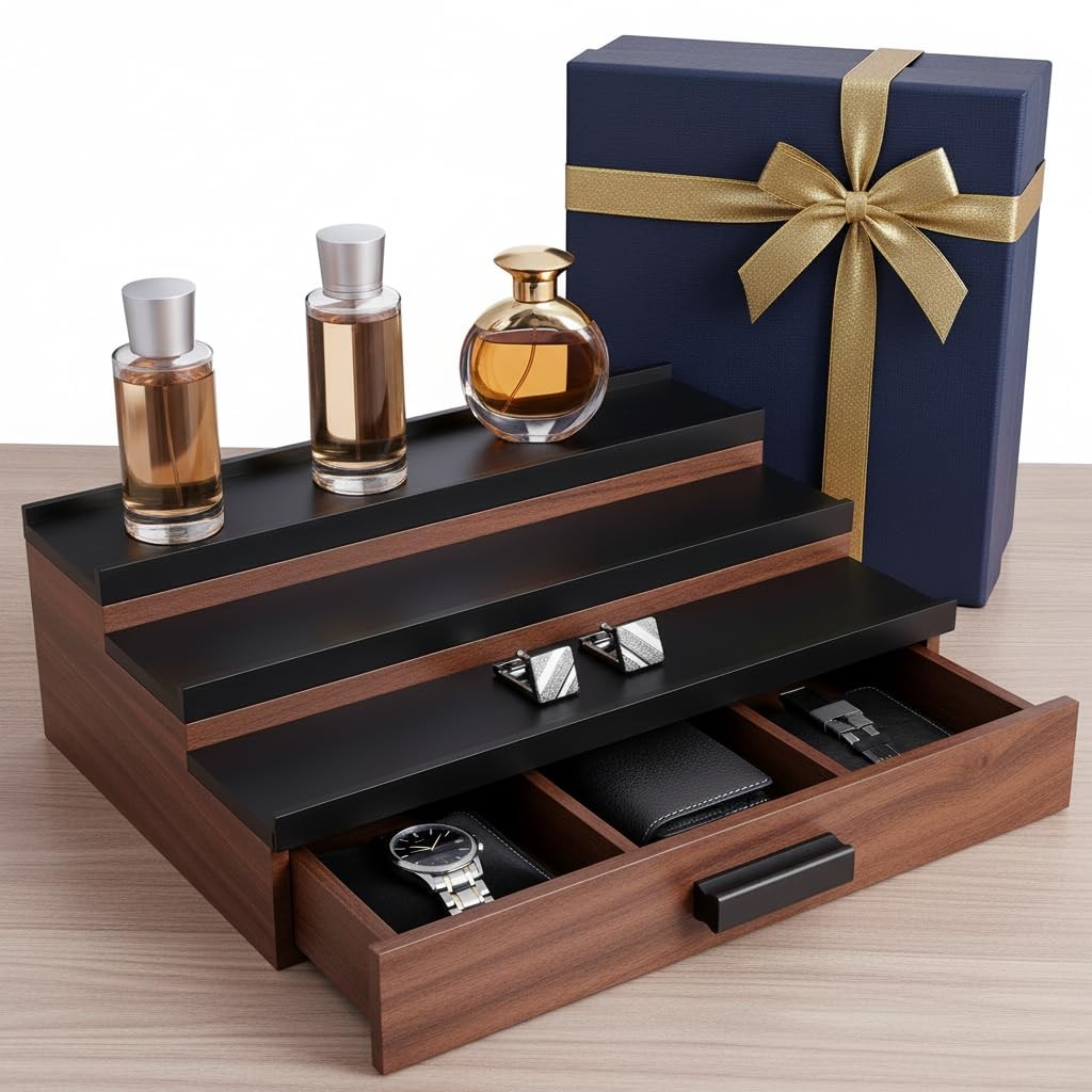 Men's Cologne Organizer with Drawer and Hidden Storage - Black Wood Stand