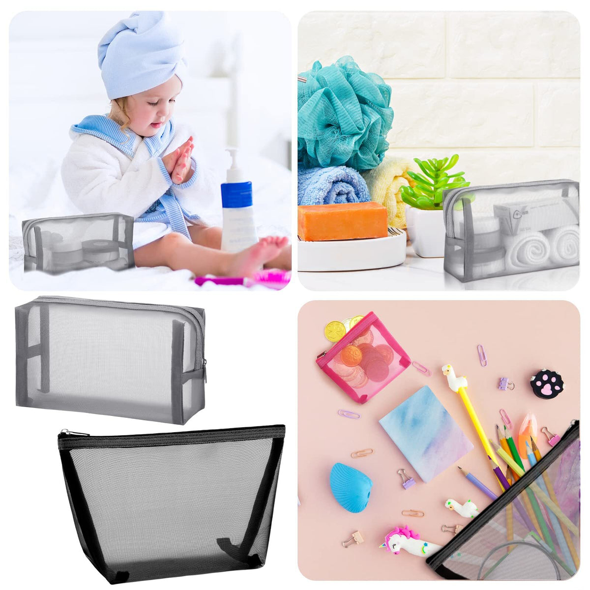 3-Pack Mesh Cosmetic Bags Travel Organizer Pouches with Zipper