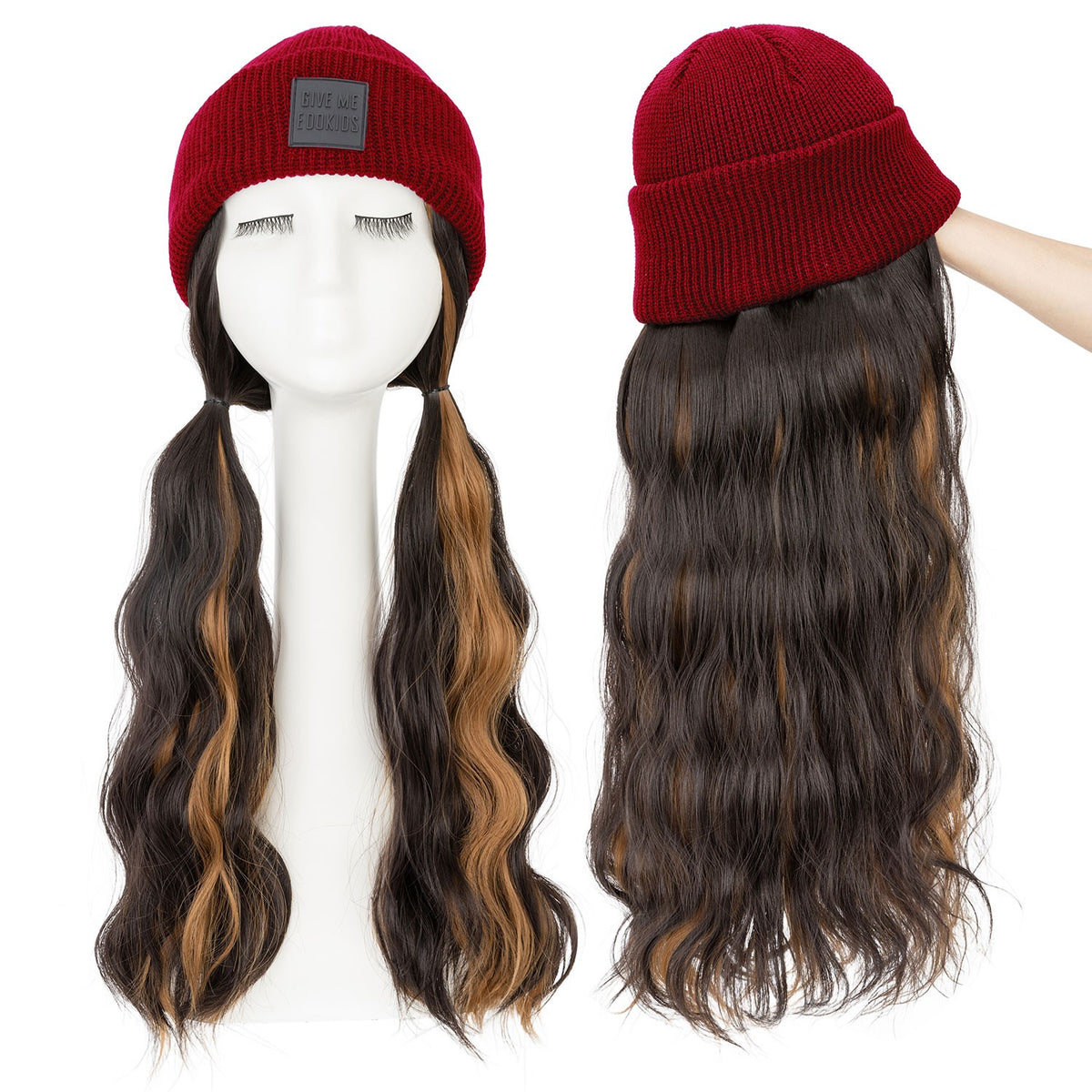 Winter Knitted Beanie Wig with Long Wavy Synthetic Hair - One Size Fits All