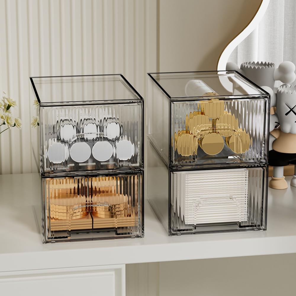 4 Pack Clear Stackable Acrylic Makeup Organizer Drawers - Cosmetic Storage