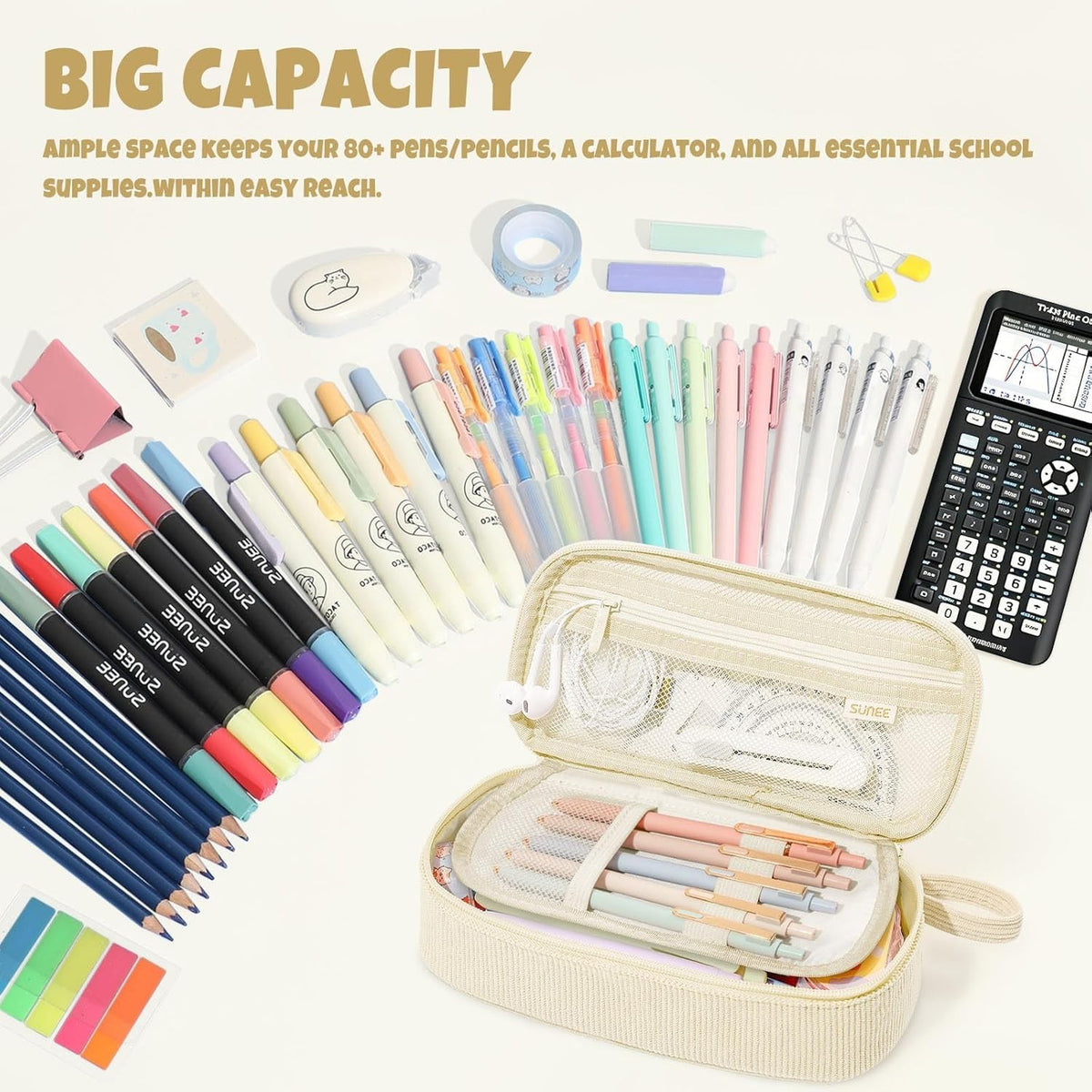 Beige Corduroy Pencil Case with Zipper - Spacious Stationery Organizer