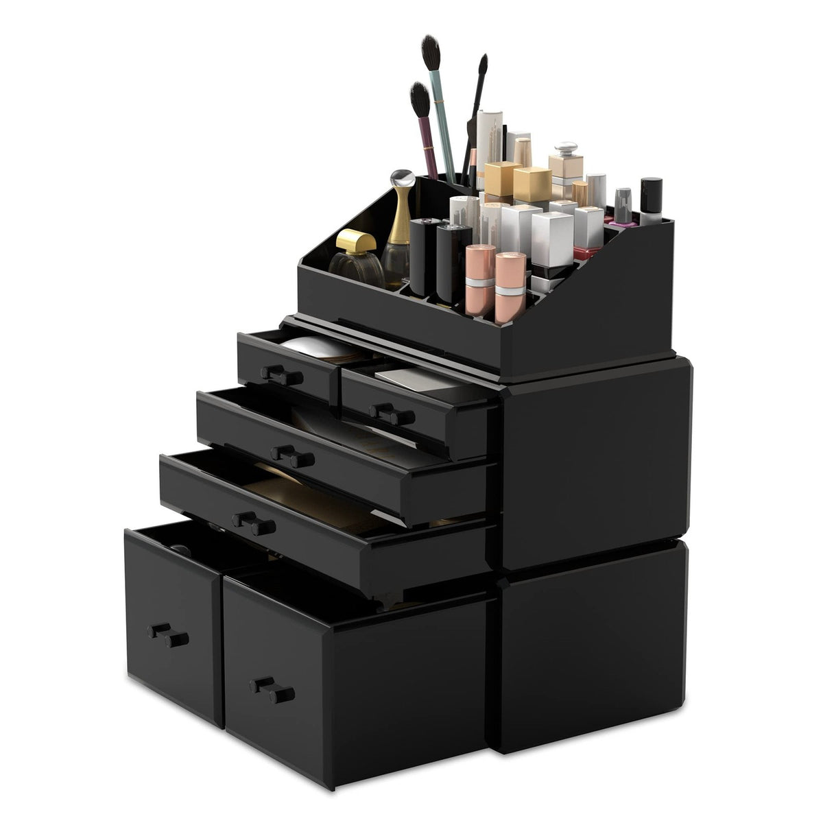 3-Piece Makeup Organizer with 6 Drawers - Black Cosmetic Storage Case