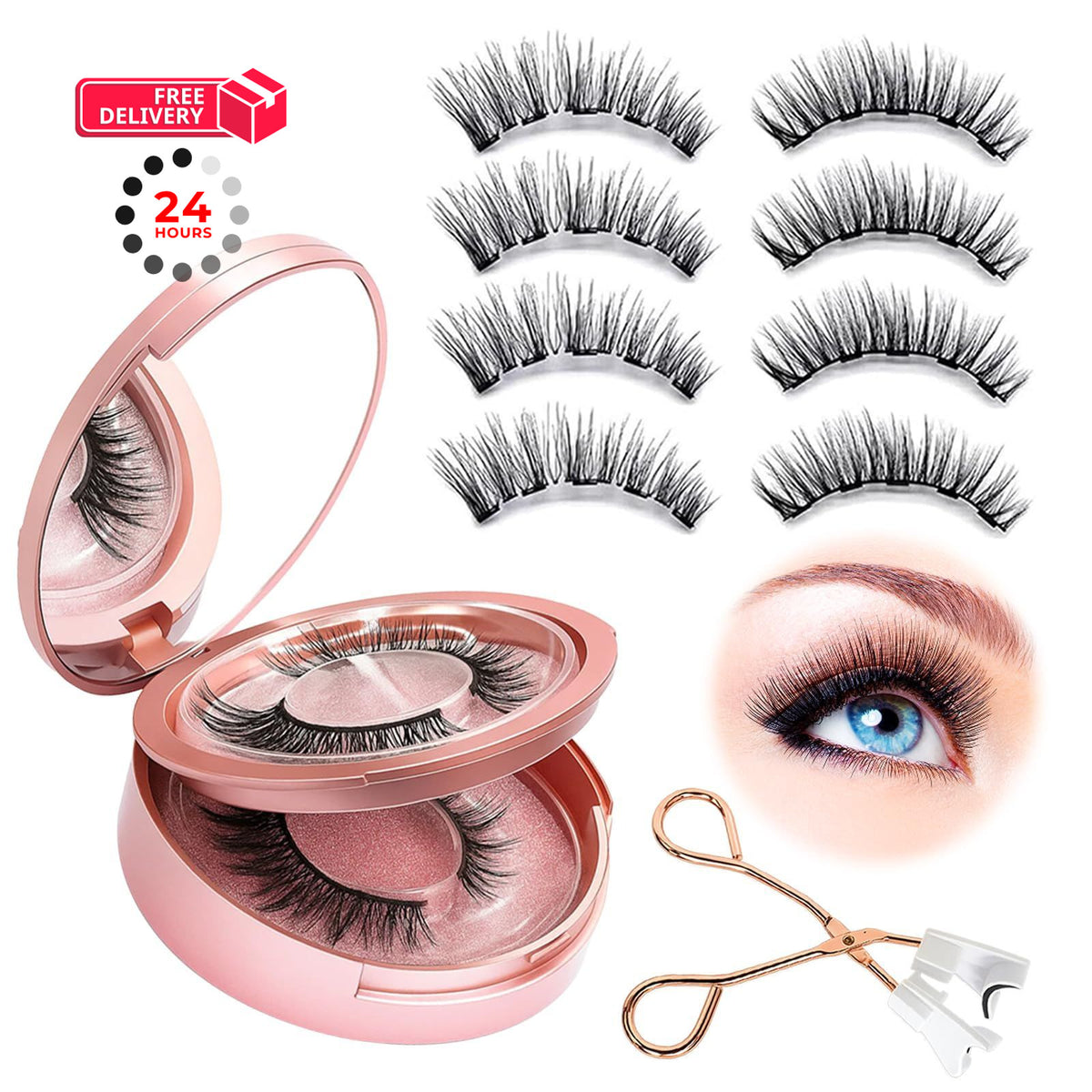 Magnetic Reusable False Eyelashes with Applicator & Case - Pink, 2 Pairs