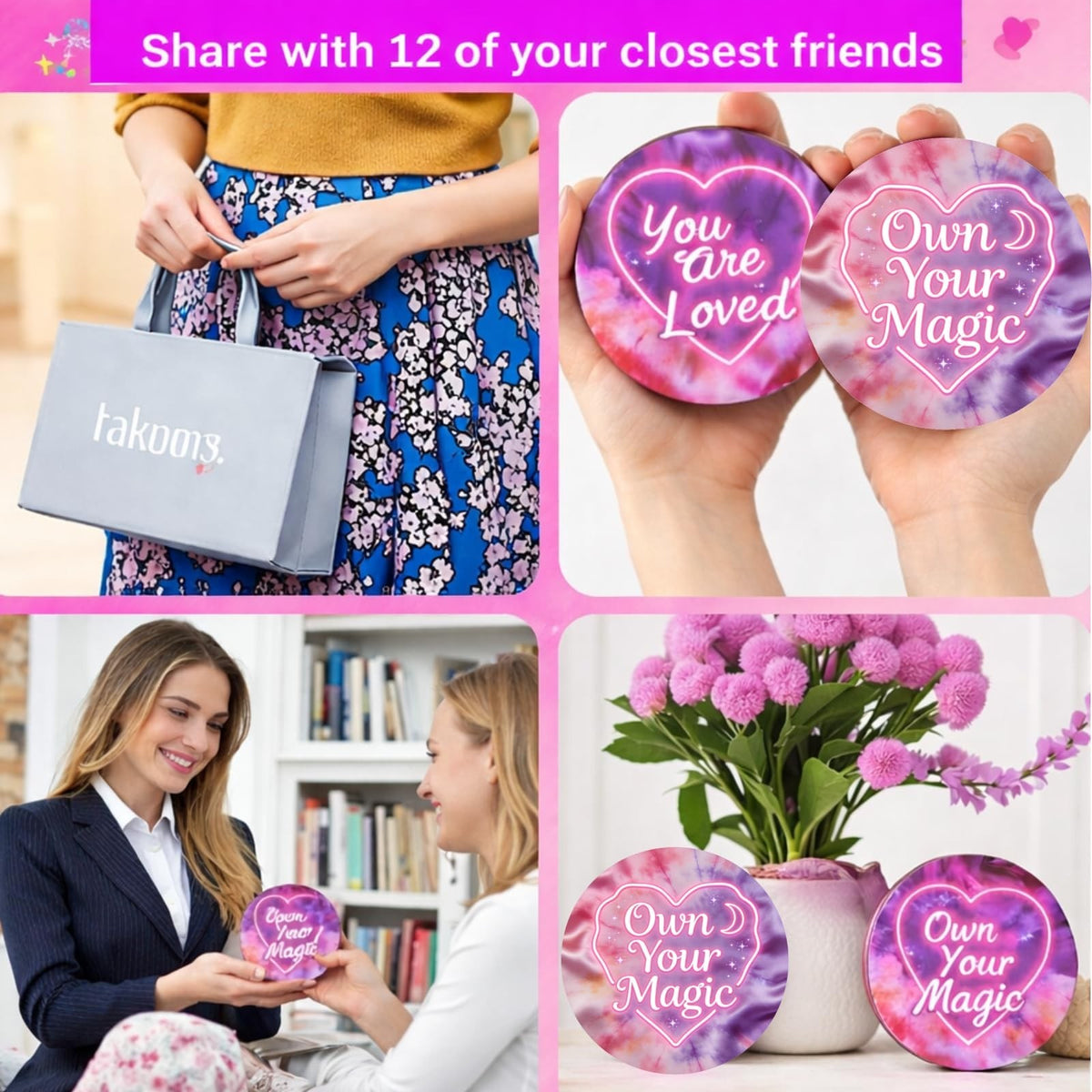 Neon Heart Travel Compact Mirror with 'You Are Loved' - Pink Pocket Mirror