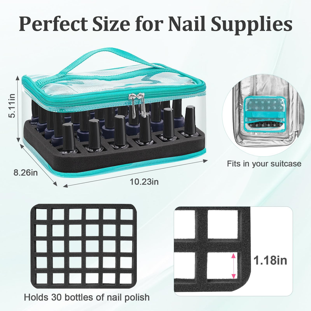 Mint Green Clear Nail Polish Organizer Case Holds 30 Bottles - Travel & Storage