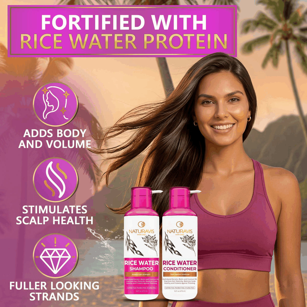 Rice Water Shampoo and Conditioner Set - Sulfate-Free Volumizing for Fine Hair 16 Fl Oz