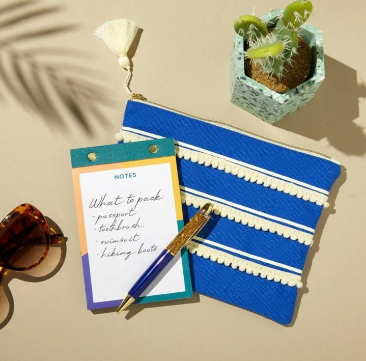 Blue & White Pom Pom Canvas Travel Accessory Pouch with Tassel