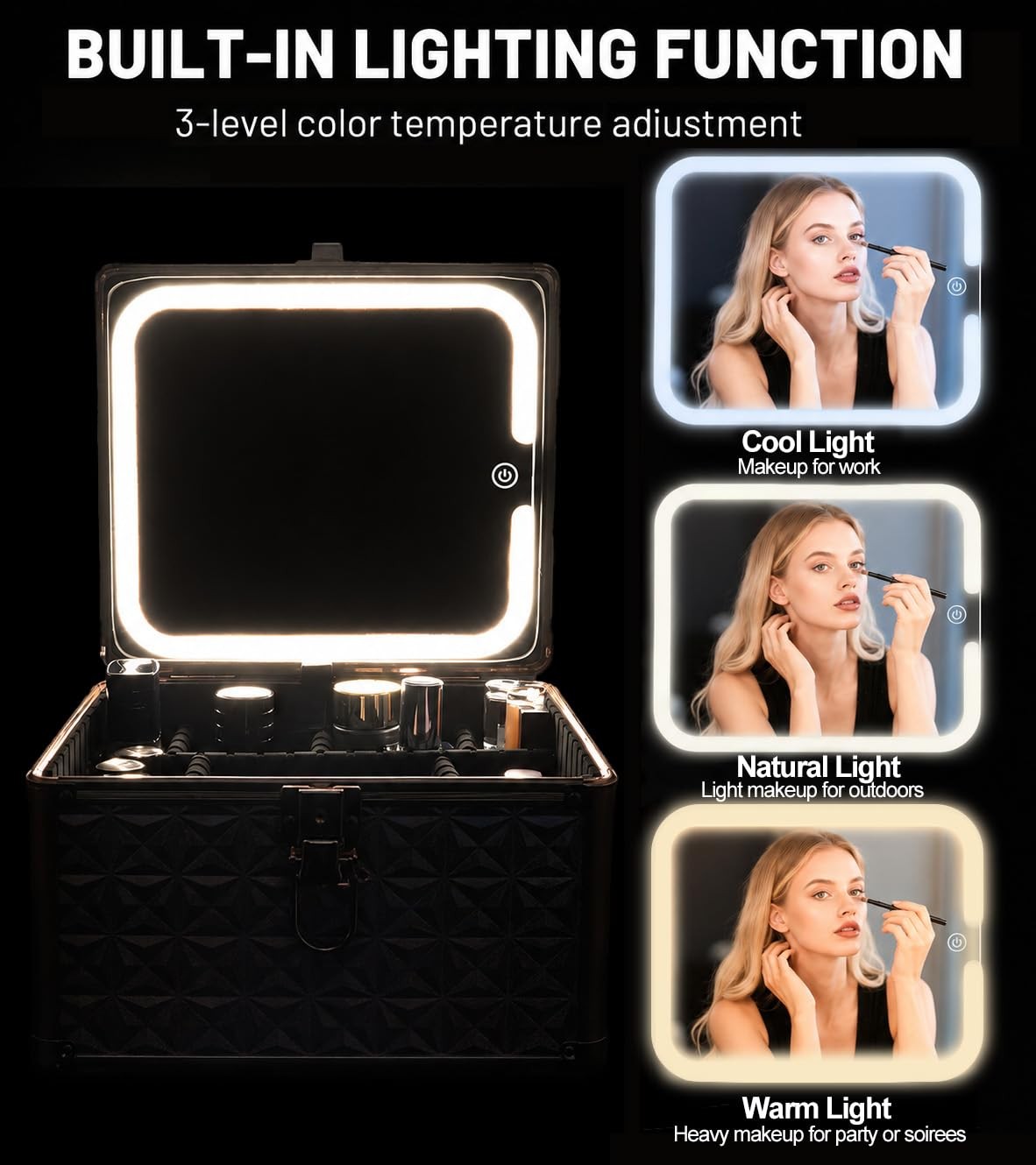 Lockable Portable Makeup Case with LED Lighted Mirror and Detachable Storage