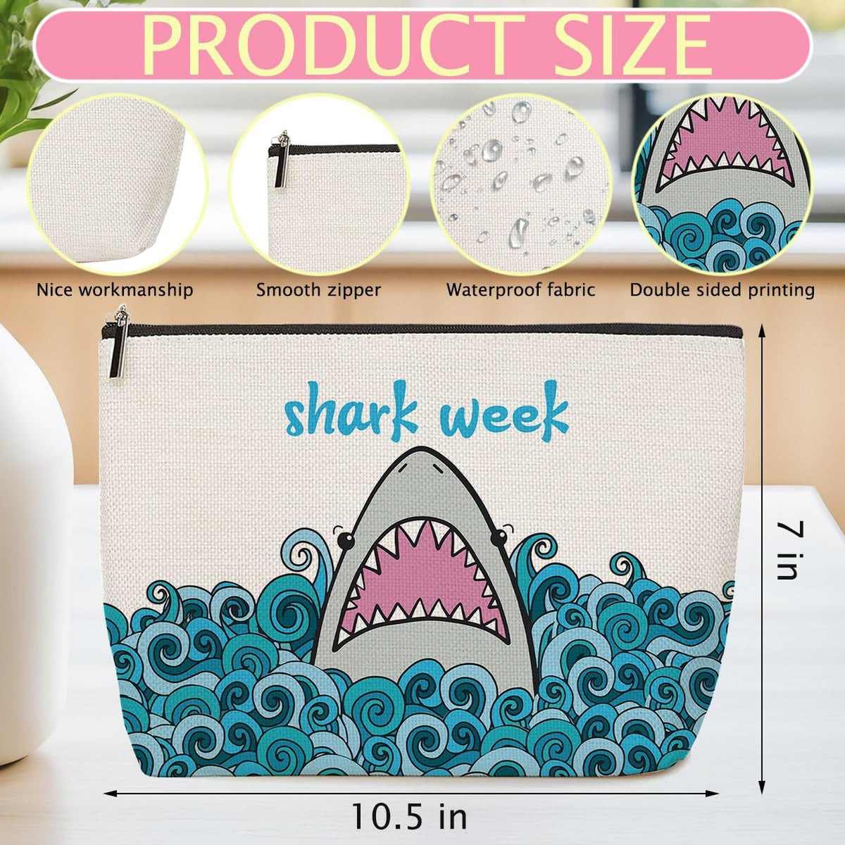 Large Waterproof Makeup Bag with Shark Design - Travel & Cosmetic Storage