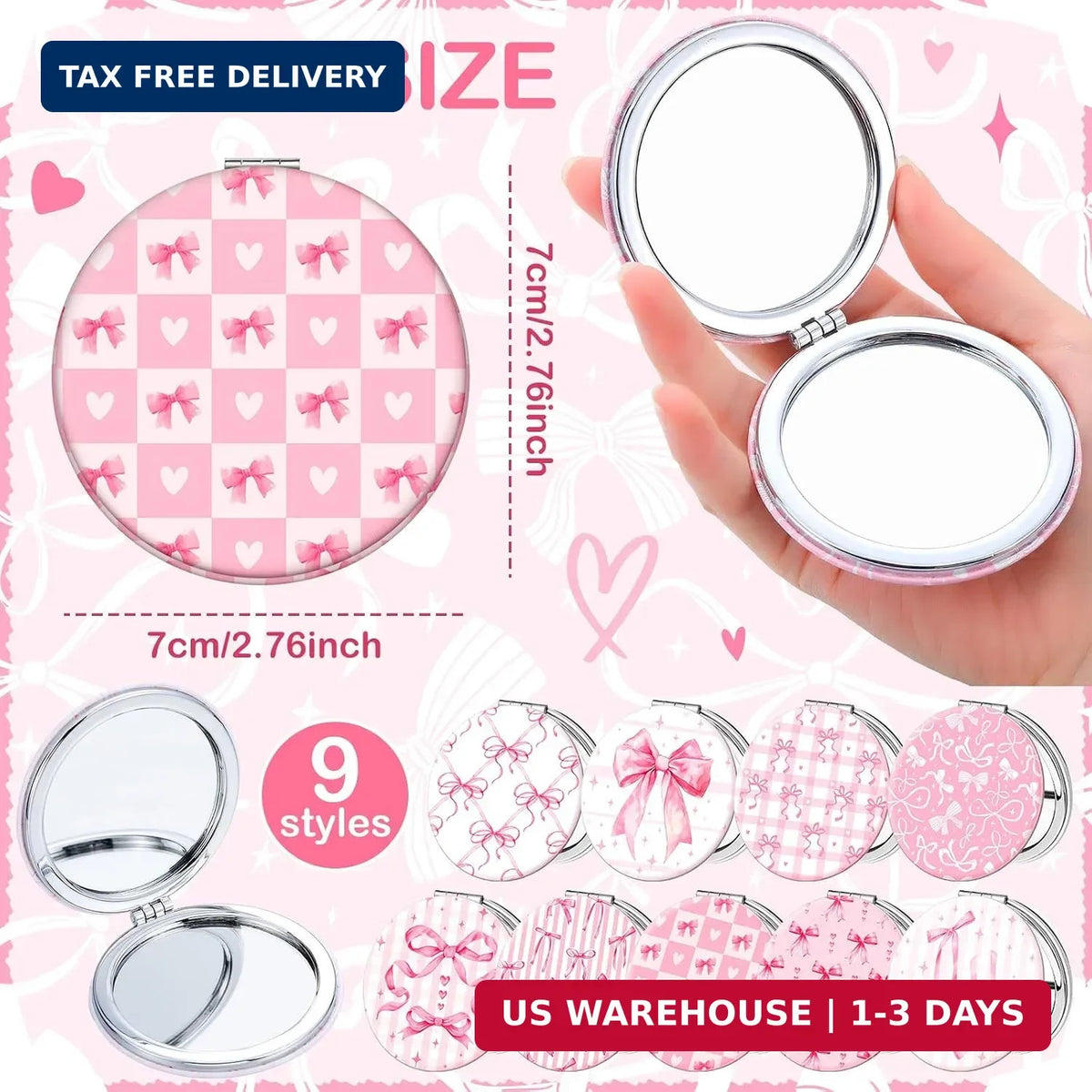 Pink Bow Compact Mirrors Set - Double-Sided Makeup Mirrors with Magnification, Portable and Stylish for Women & Girls