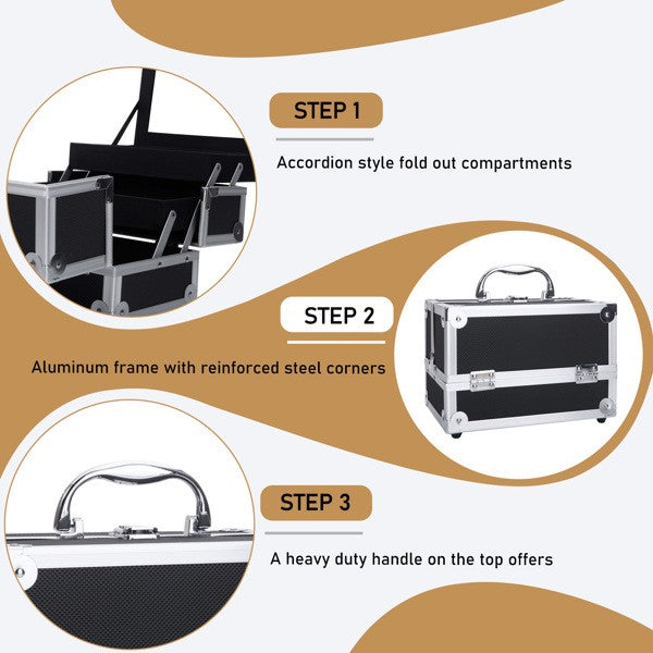 Portable Aluminum Makeup Storage Bag with Mirror & Key - Black
