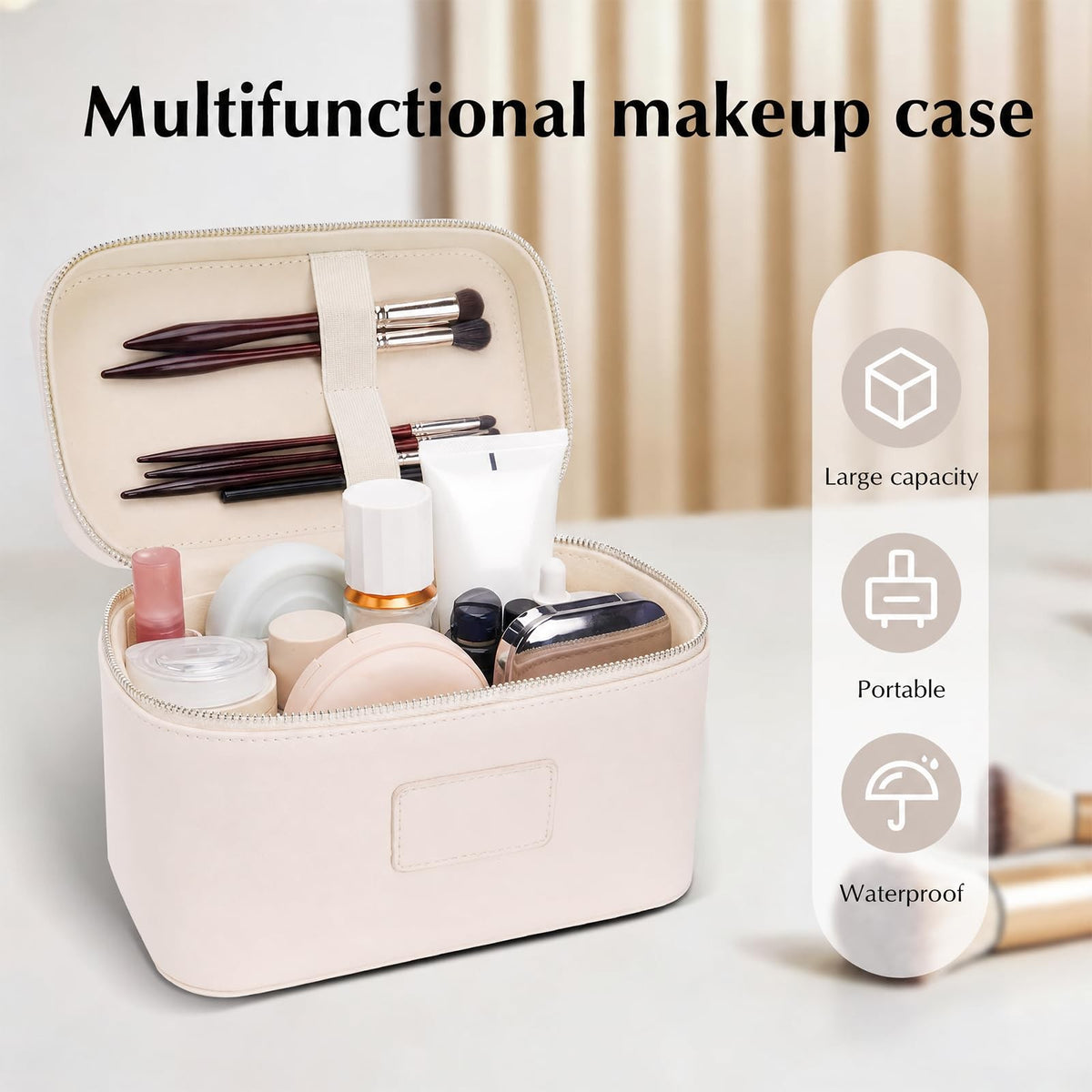 Leather Makeup Organizer Bag with Removable Divider - Waterproof Travel Cosmetic Case