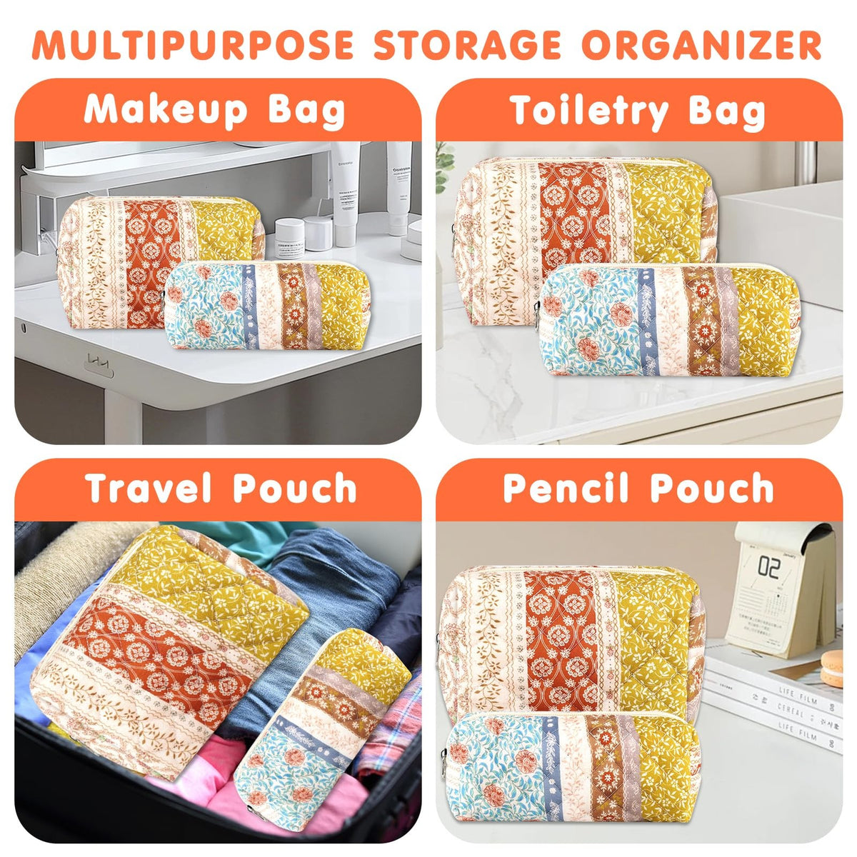 2-Pack Floral Makeup Bags - Travel Cosmetic Organizer with Spacious Interior