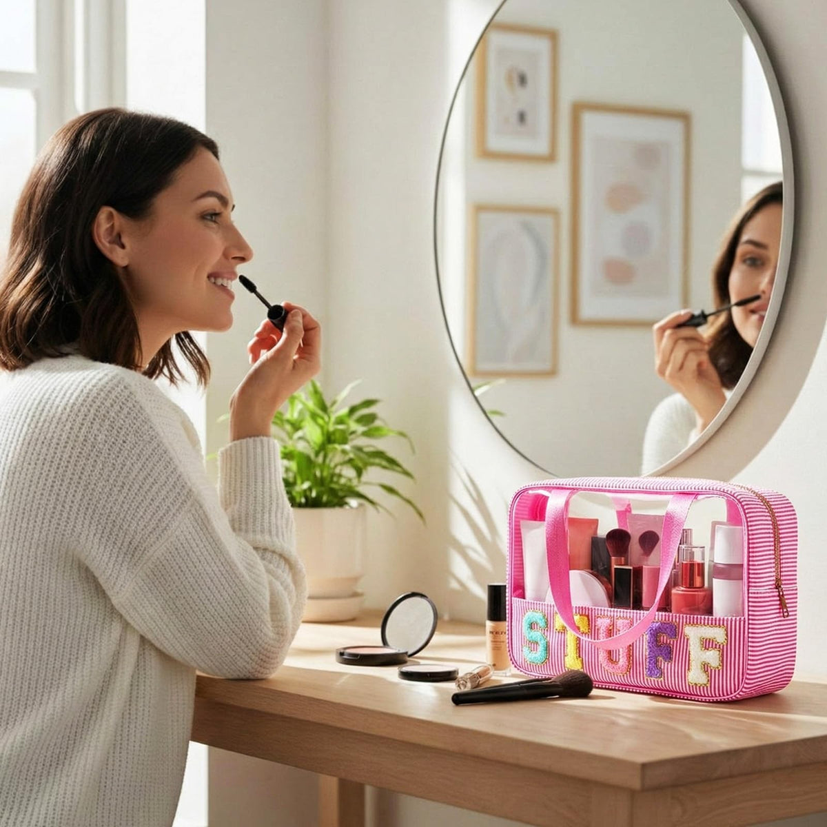 Seersucker Cosmetic Pouch with Handle - Pink Stuff, Portable Makeup Bag