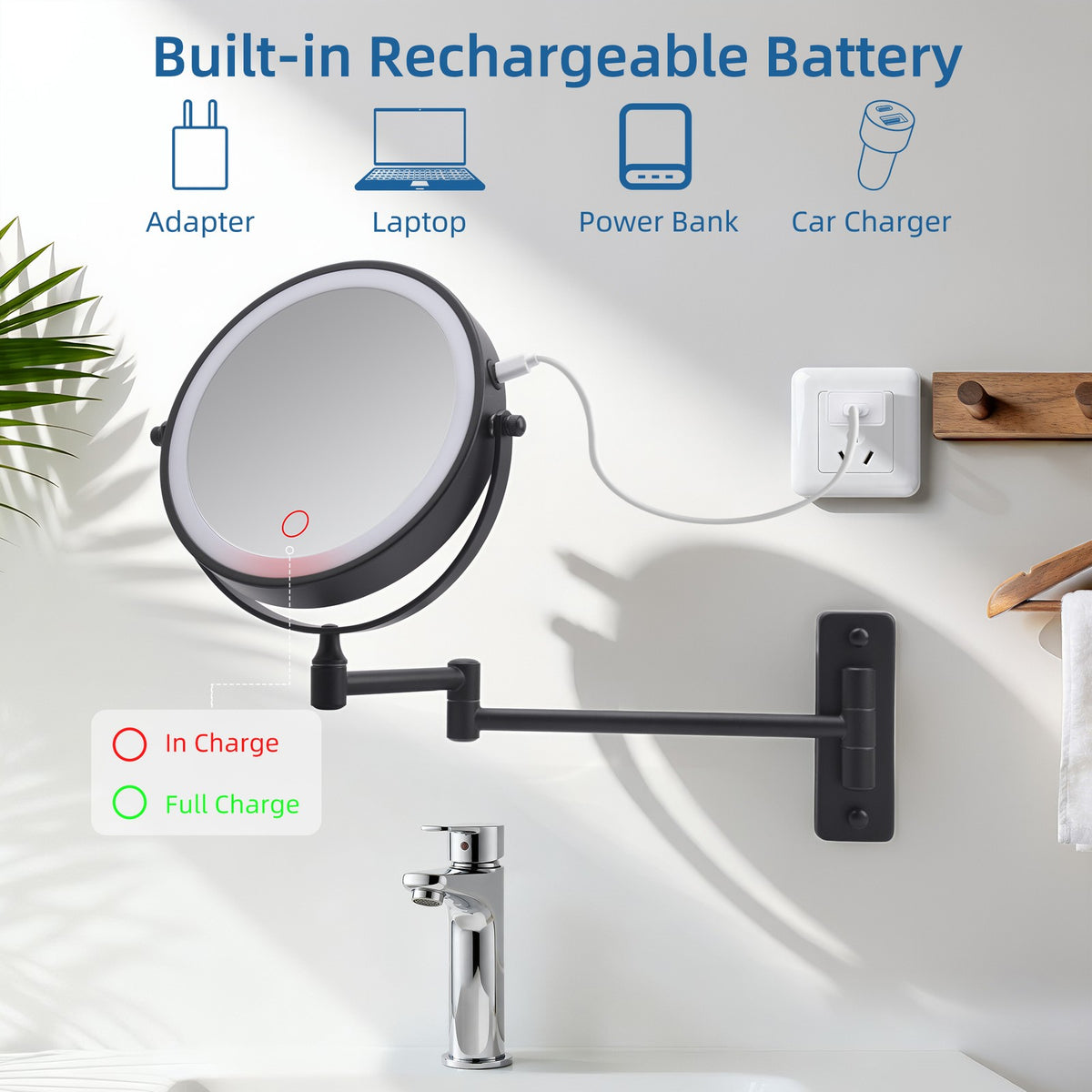 Rechargeable LED Wall Mounted Makeup Mirror with 3 Color Lights 8-inch 10X Magnification
