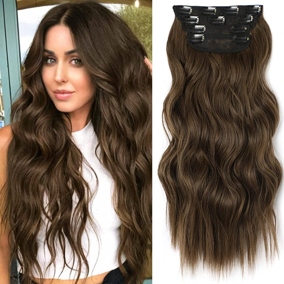 4PCS Clip-In Wavy Hair Extensions Long Synthetic Weft - Natural Blonde to Brown