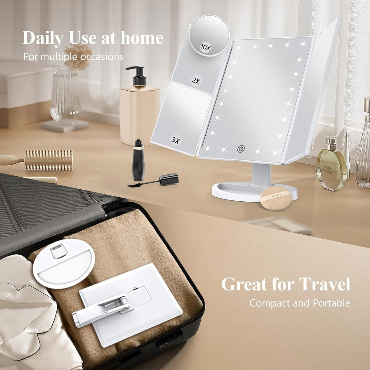 Trifold LED Makeup Mirror with 10X & 3X Magnification, Adjustable Brightness