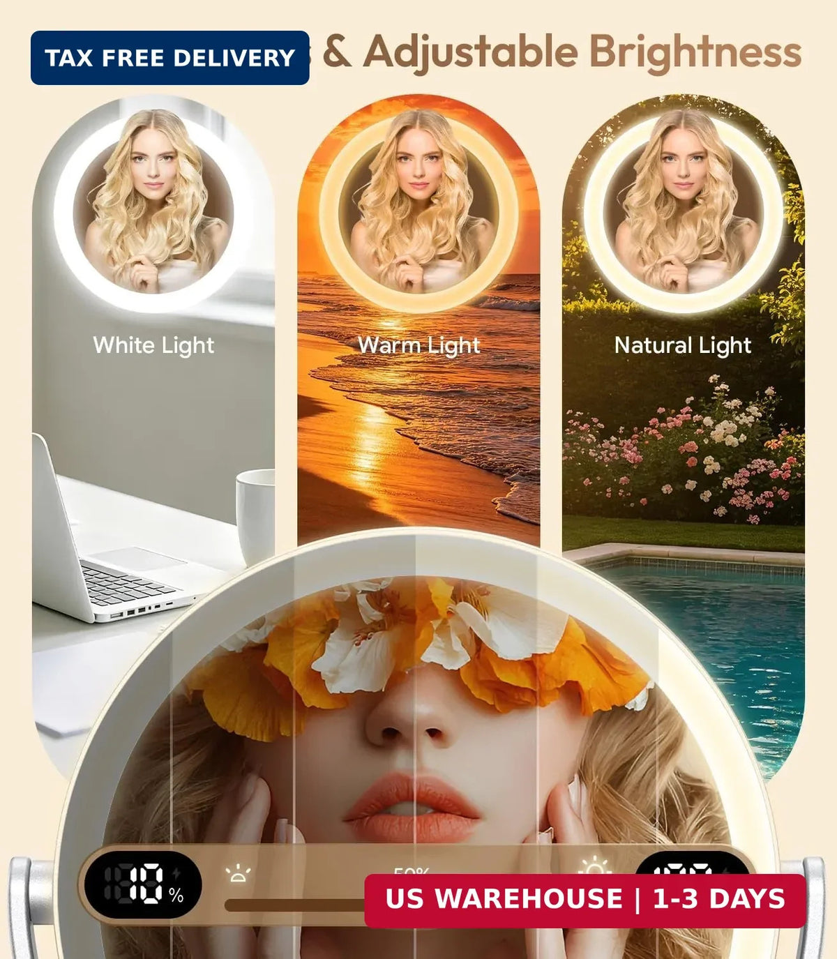 7-Inch Lighted Makeup Mirror with 1X/20X Magnification, Adjustable Height & LED Lights