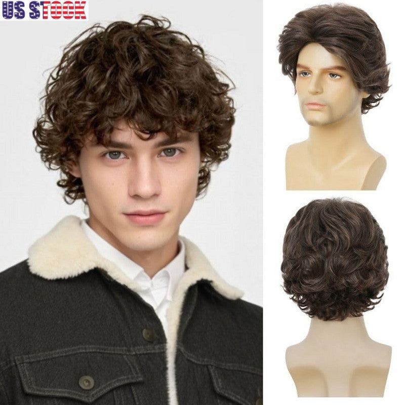 Men Short Curly Brown Wig Fluffy Synthetic Hair for Daily Wear