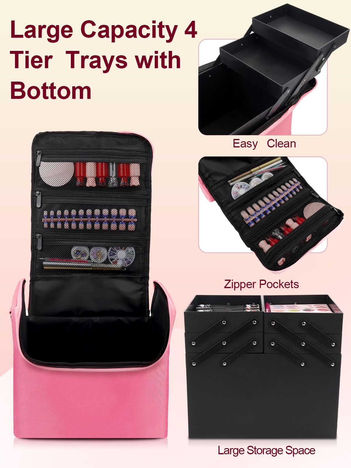 Large Pink Makeup & Nail Polish Organizer Bag 4-Tier Waterproof Travel