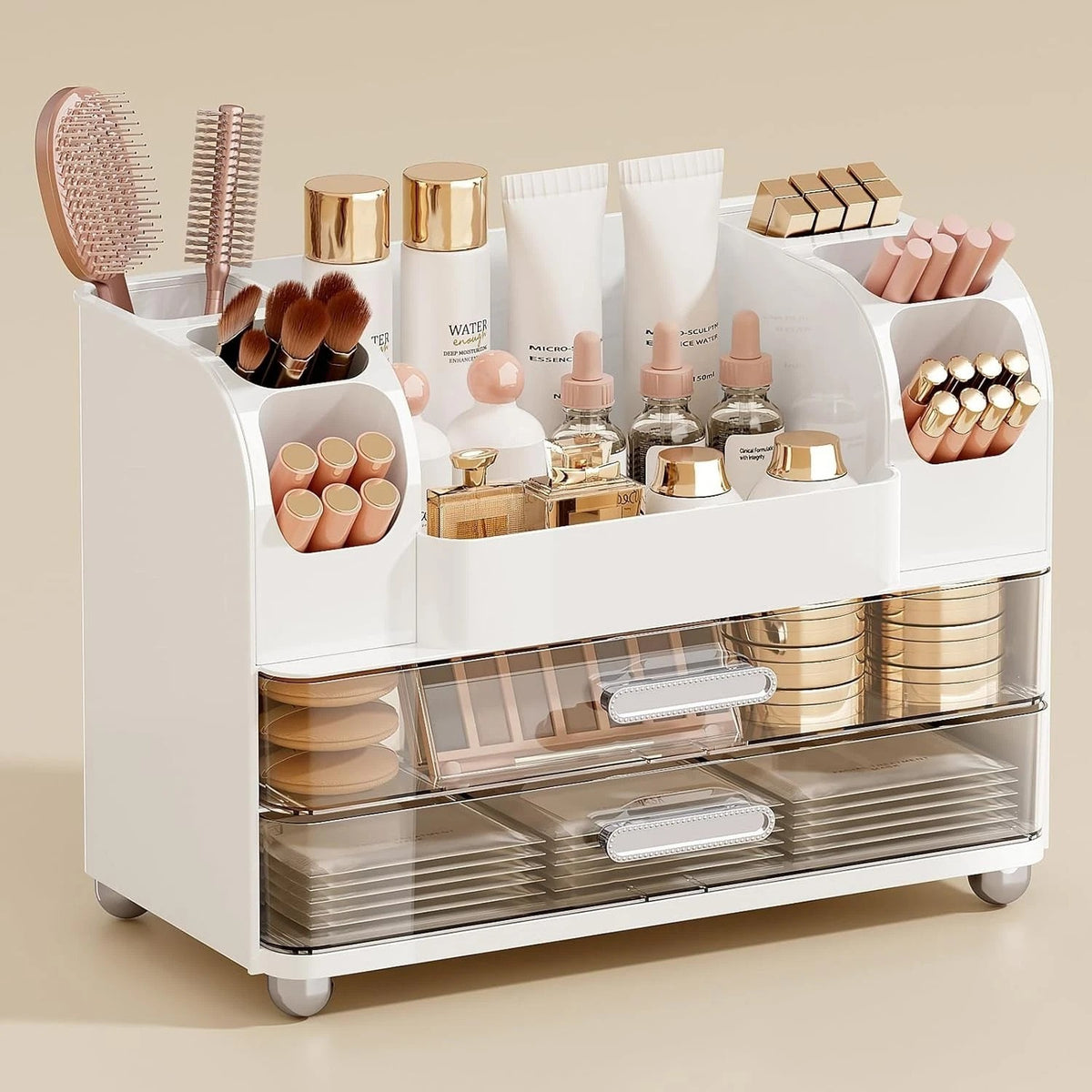 Makeup Organizer with 2 Large Drawers and Brush Holders - Vanity Storage Case