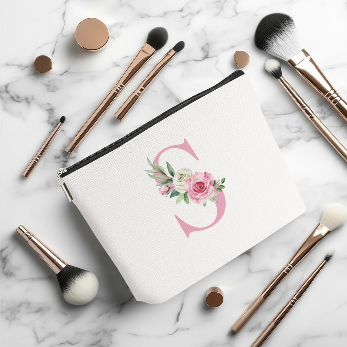 Pink Monogram Makeup Bag with Initial S - Personalized Travel Cosmetic Pouch