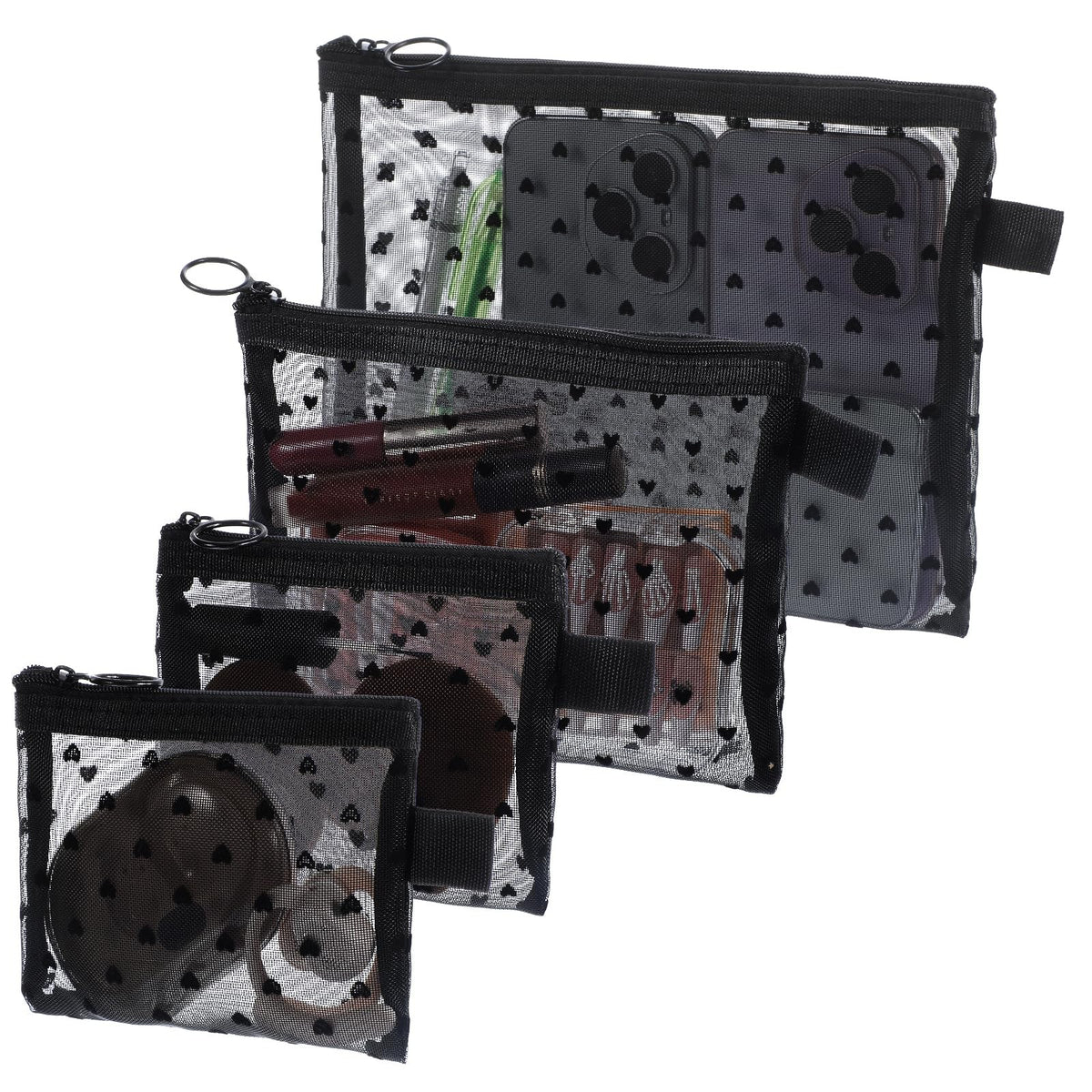 Mini Zipper Mesh Cosmetic Bags Set - Heart Print Purse Organizer, 4 Pack