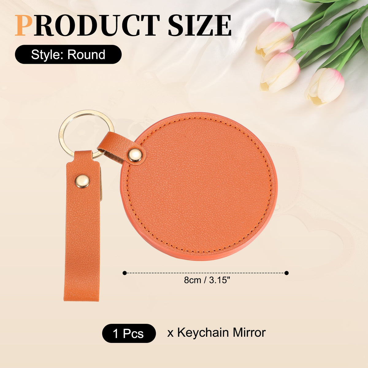 Keychain Mirror Compact with Leather Cover - Portable Round Makeup Mirror Orange Red