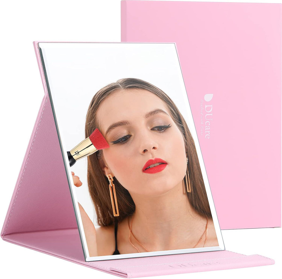 Portable Folding Vanity Mirror with Stand - Pink, Unbreakable, Travel-Ready
