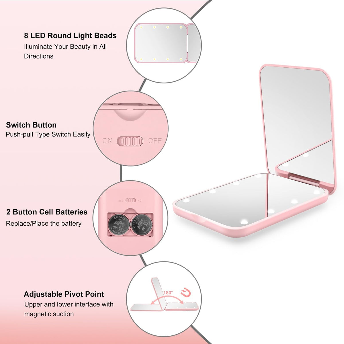 Compact LED Pocket Mirror 1X/3X Magnification, 180° Rotating, Pink
