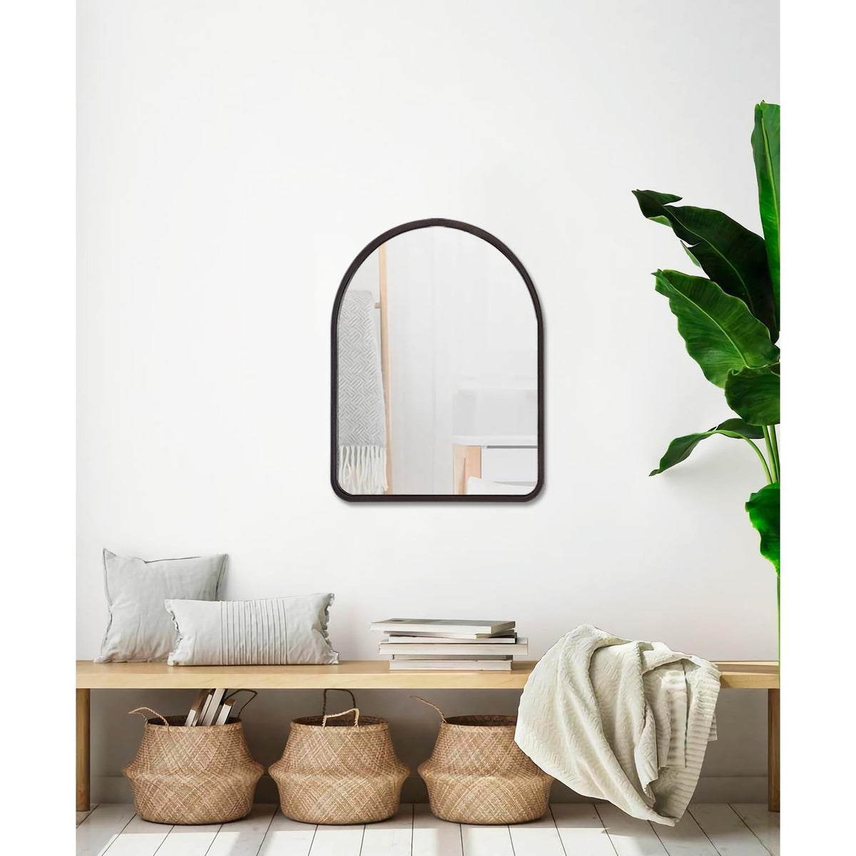 Large Arched Wall Mirror - Vintage Wooden Frame, Rustic Farmhouse Style, 26 x 18 Inches
