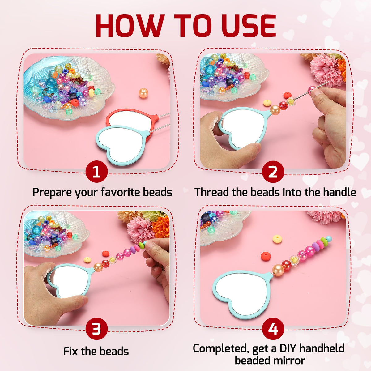 Heart-Shaped Beadable Mirror Set - DIY Handle Craft Gift, 6.4 Inch White
