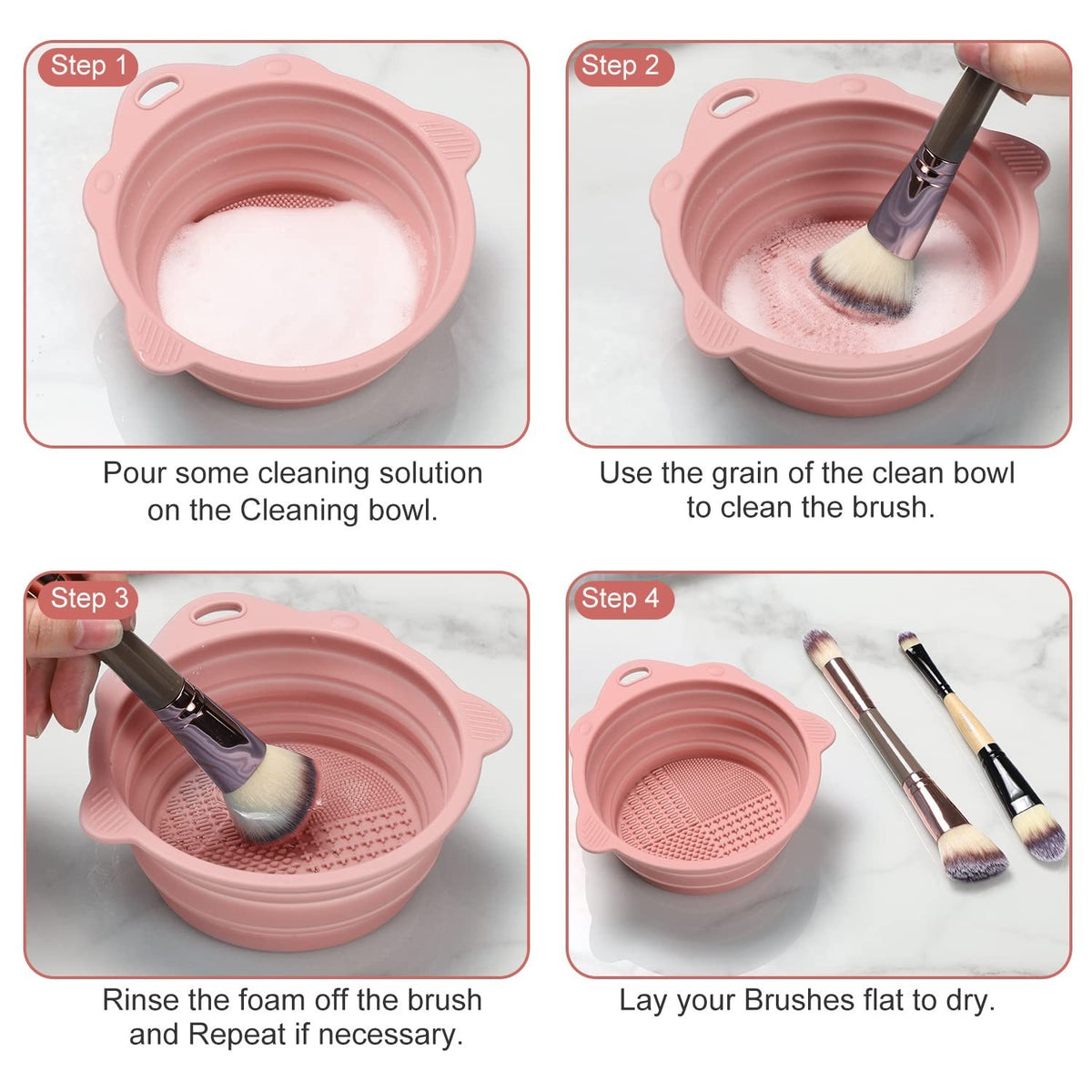Eco-Friendly Foldable Makeup Brush Cleaner Bowl Silicone Scrubber Travel Case Pink