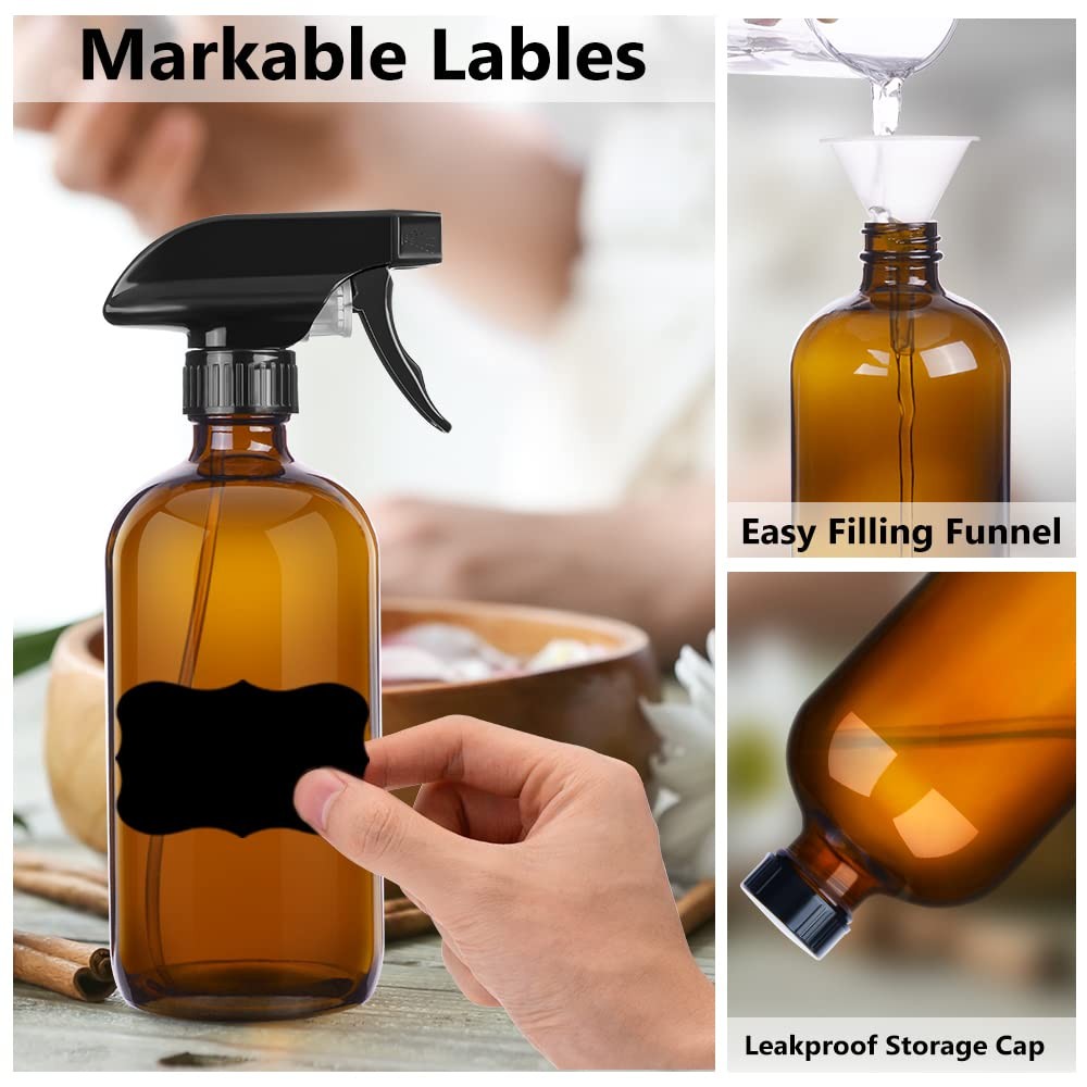 8 Oz Amber Glass Spray Bottles Set - Refillable with Adjustable Nozzle & Labels