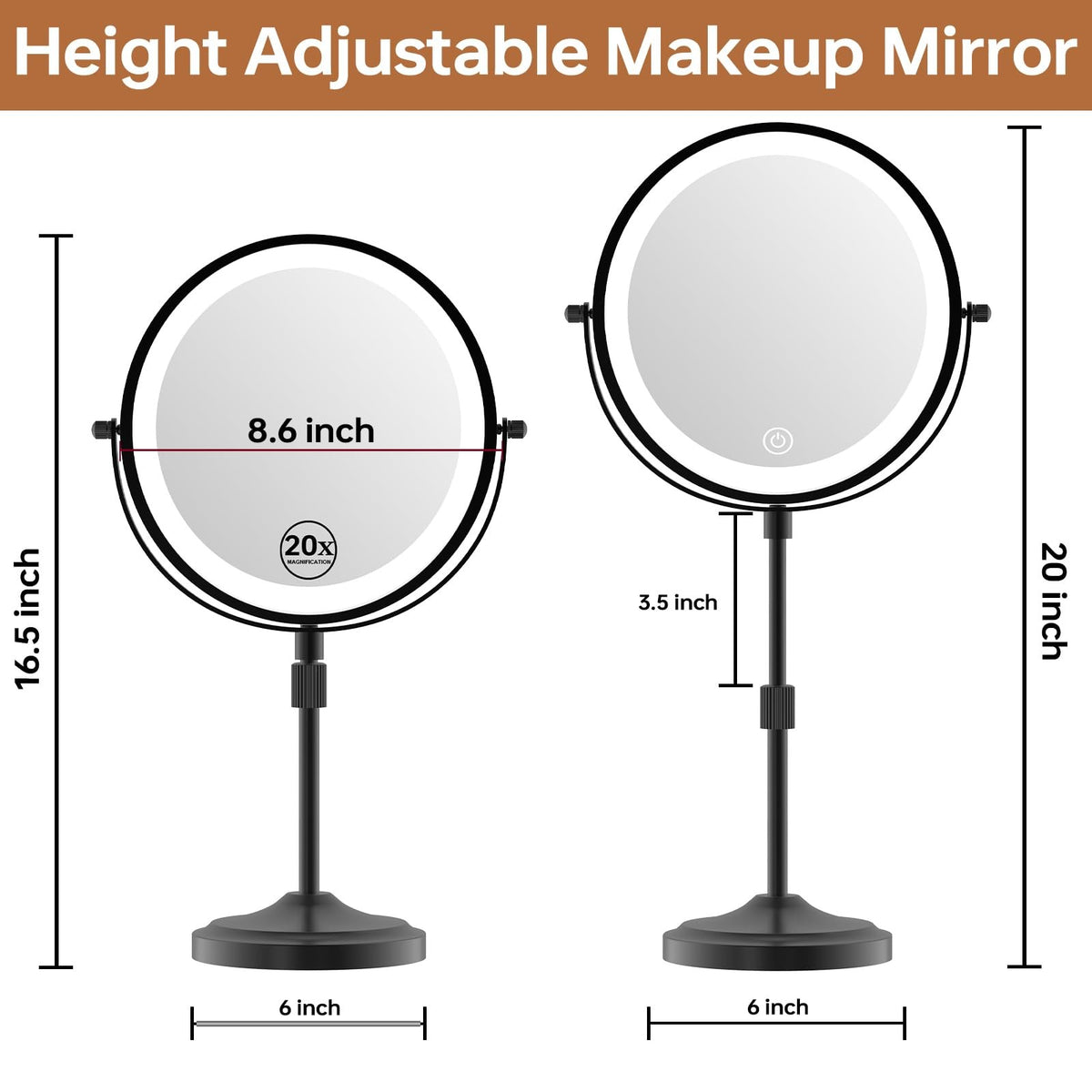Lighted Makeup Mirror with 20X Magnification, Adjustable Height & Dimmable LEDs