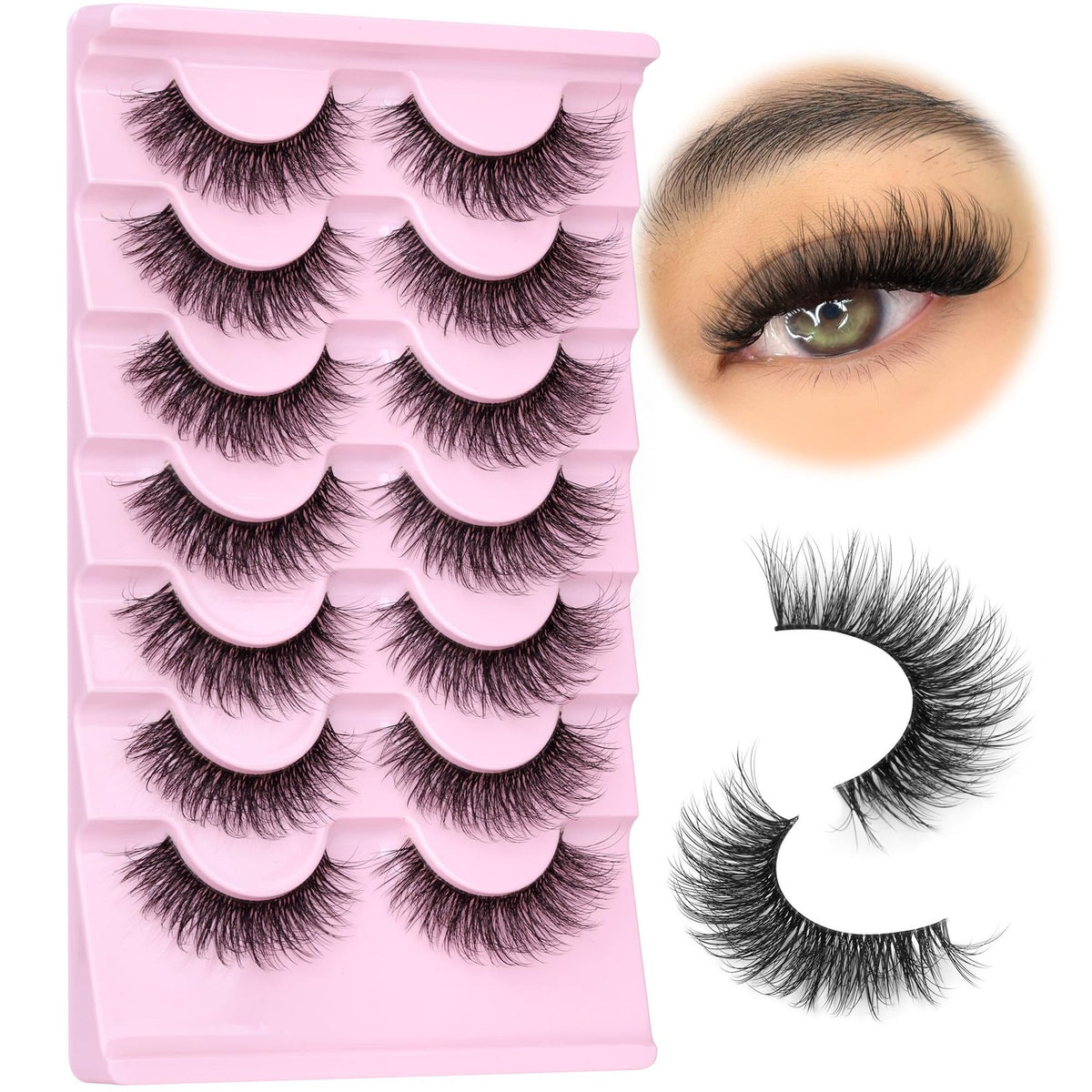 Wispy Faux Mink False Eyelashes with Clear Band - 7 Pairs, Black