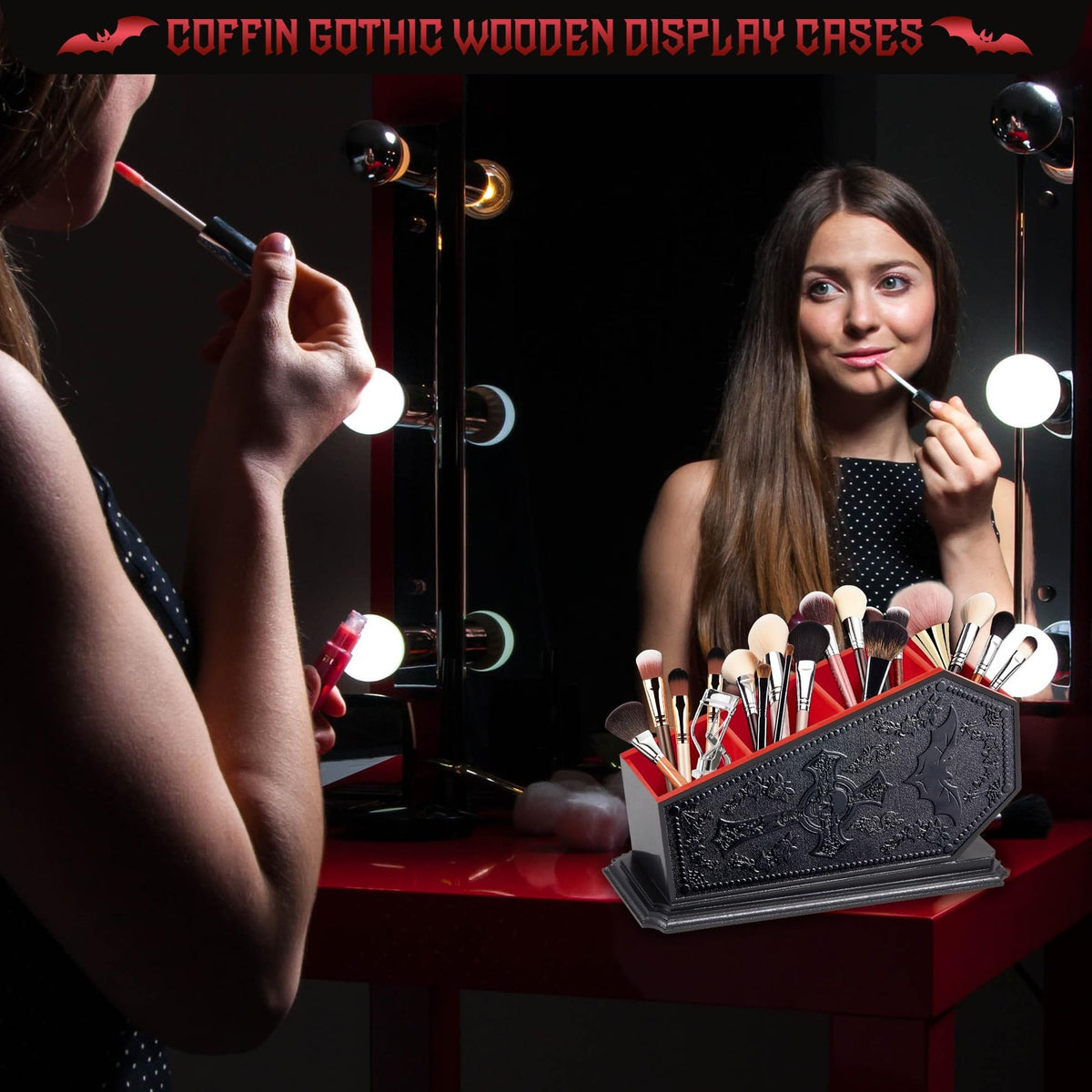 Gothic Coffin Makeup Brush Holder with Bat Design - Spooky Cosmetic Organizer