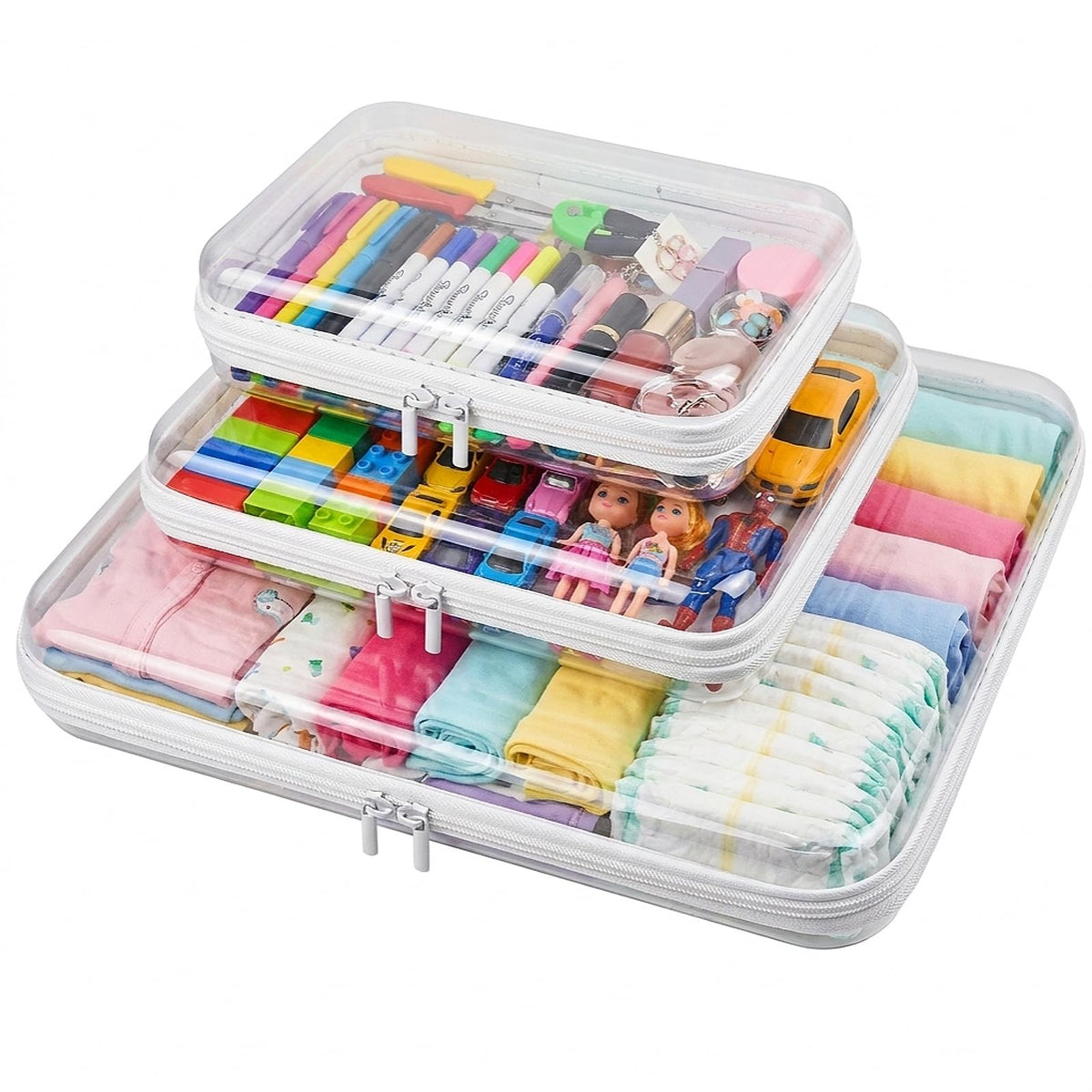 Transparent Waterproof Hard Shell Plastic Zipper Storage Pouches Set 3 Pack