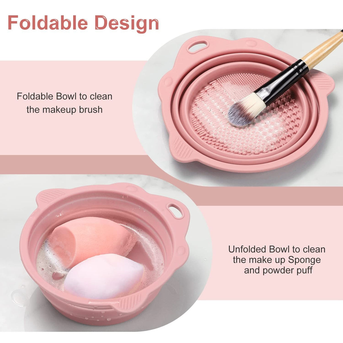 Eco-Friendly Foldable Makeup Brush Cleaner Bowl Silicone Scrubber Travel Case Pink