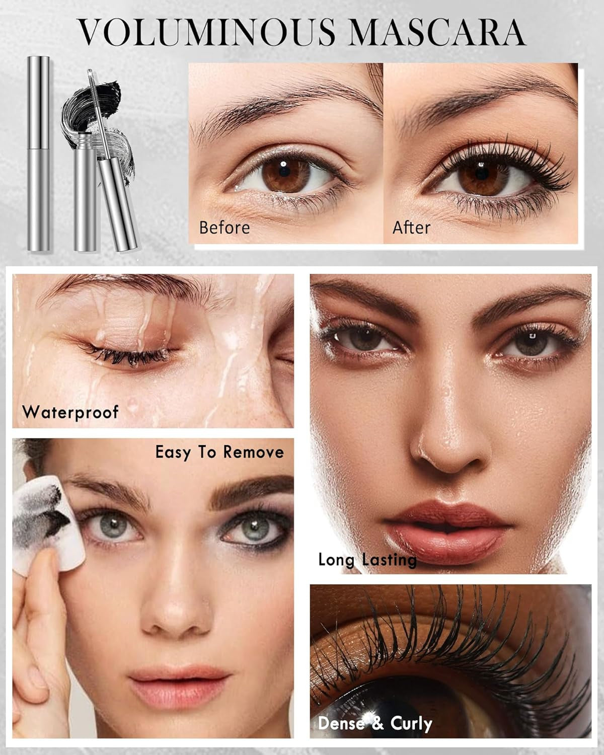 Waterproof Lengthening Mascara with Metal Wand - Clump-Free, 3D Volume, Black