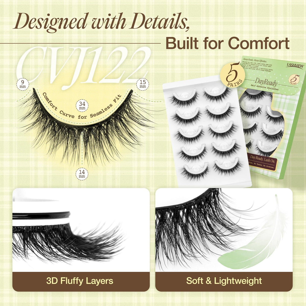 Self Adhesive False Eyelashes Natural Look Press-On 5 Pairs, Black