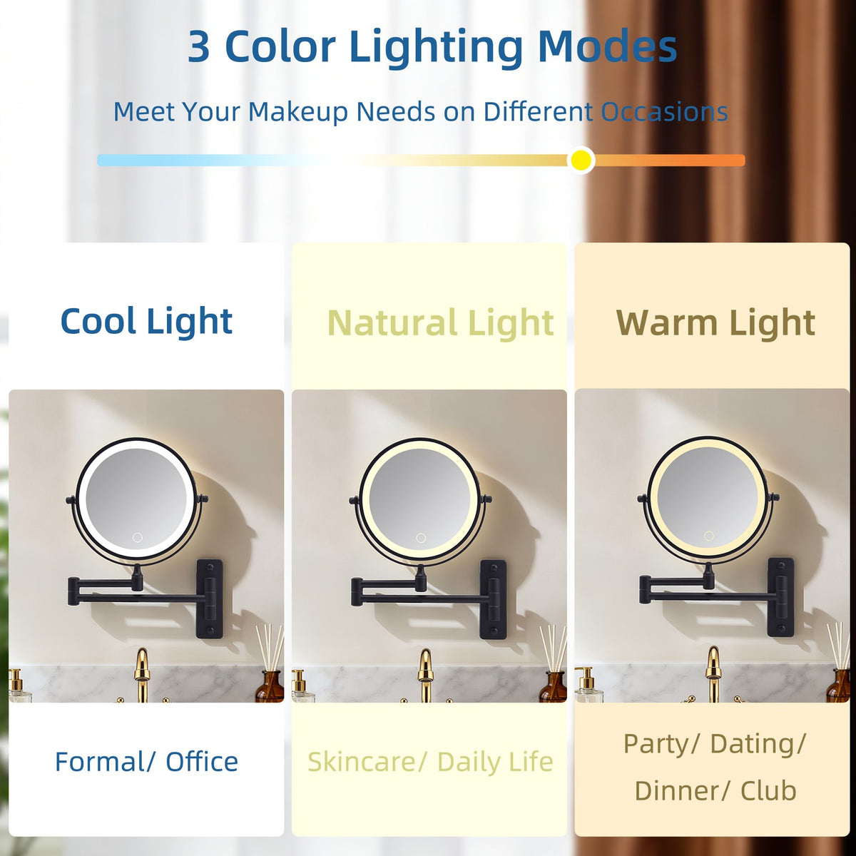 Rechargeable LED Wall Mounted Makeup Mirror with 3 Color Lights 8-inch 10X Magnification
