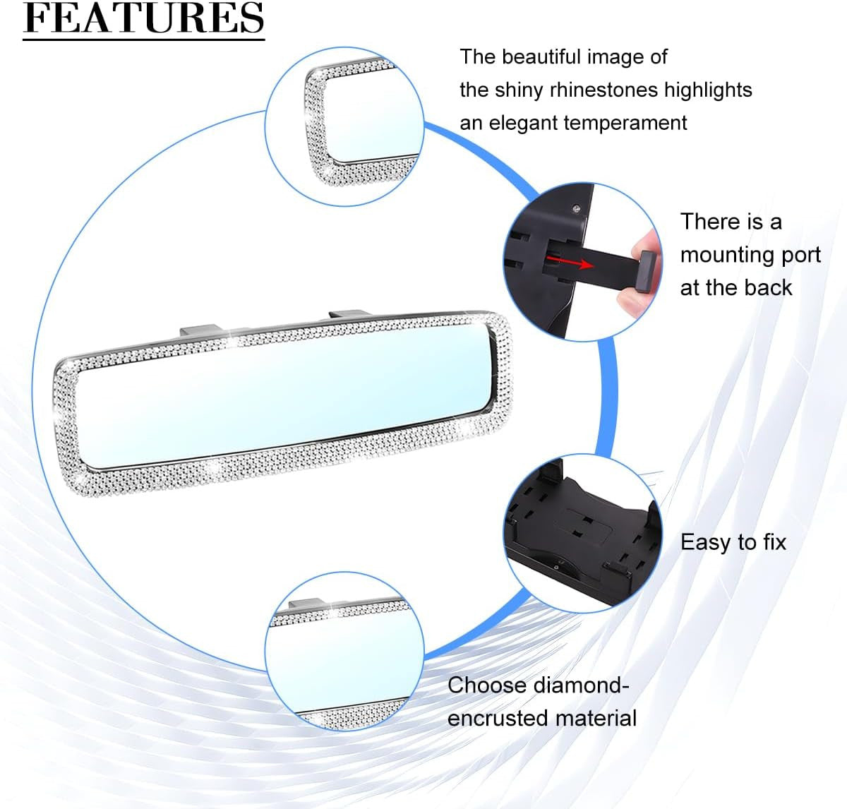 10.83 Inch Rhinestone Rearview Mirror with HD Glass Surface - Silver