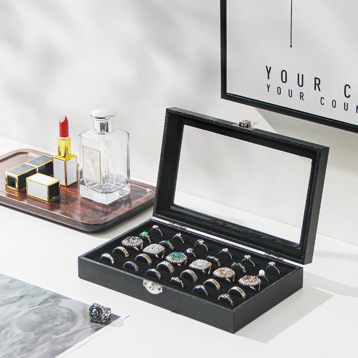 Jewelry Ring Organizer Box with 30 Slots, Clear Glass Lid, Portable Black Velvet Storage